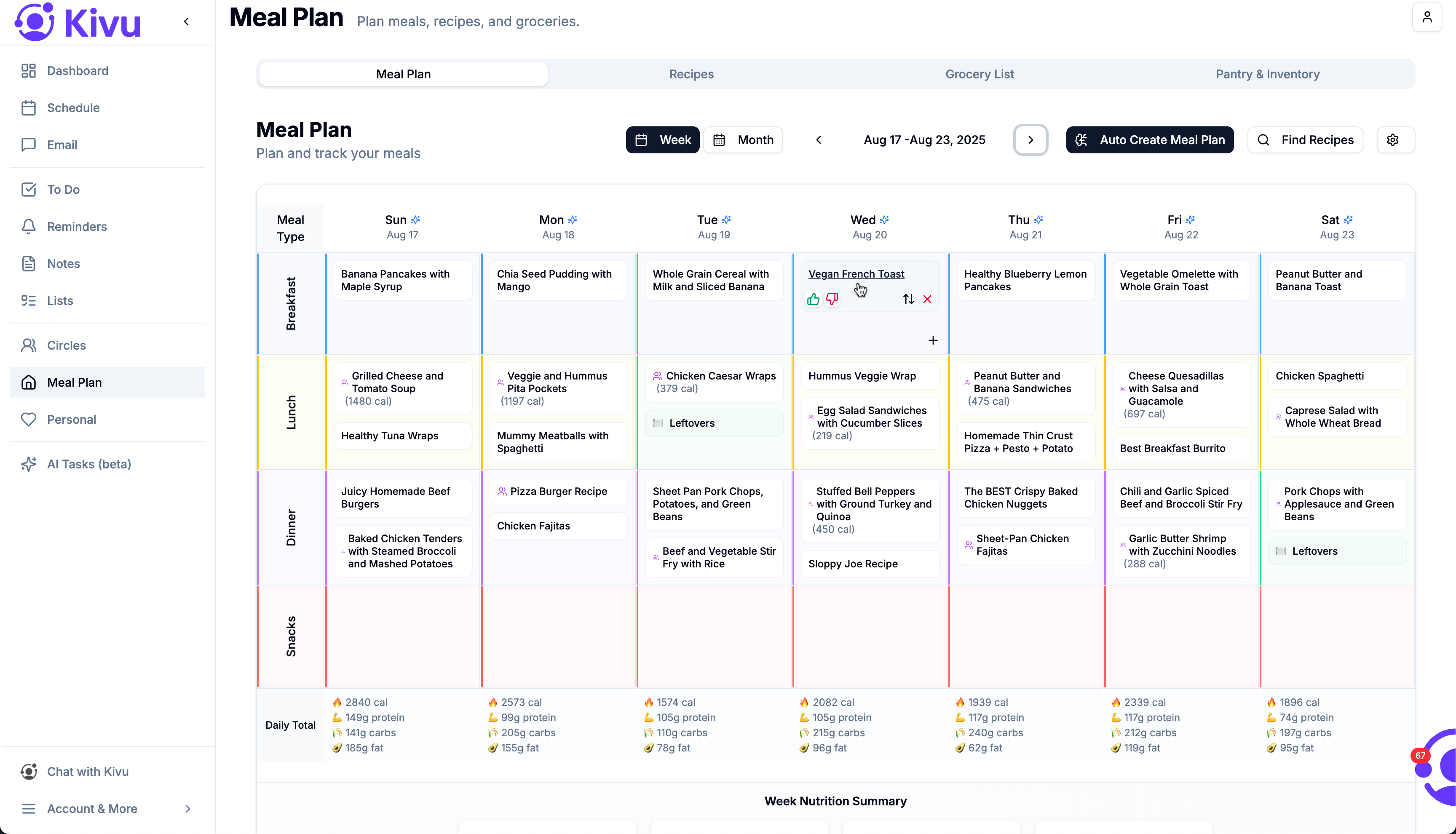 Weekly meal plan with AI recipe suggestions